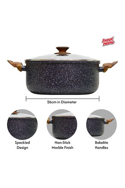 Sweet Home Marble Casserole (26cm) Non Stick Pan with Lid, PFOA-Free Granite Coating