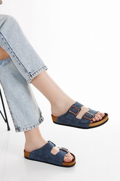Moda Hanım Women's Navy Blue Double Buckle Slippers