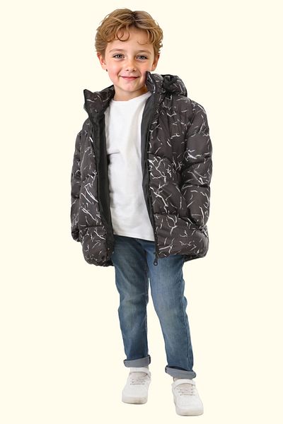 Firststops Boys' Winter Puffer Jacket - Black, Detachable Hood, Water and Windproof, with Pockets