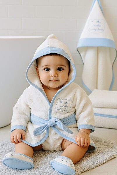 Cherub Baby طقم رداء حمام منشفة عضوي مطرز على شكل دمية دب لحديثي الولادة - هد...