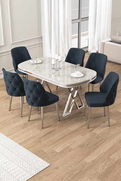 Canisa Afe Serisi 90x168 Lak Panel Beyaz Mermer Desen Krom Ayak Masa Takımı 6...