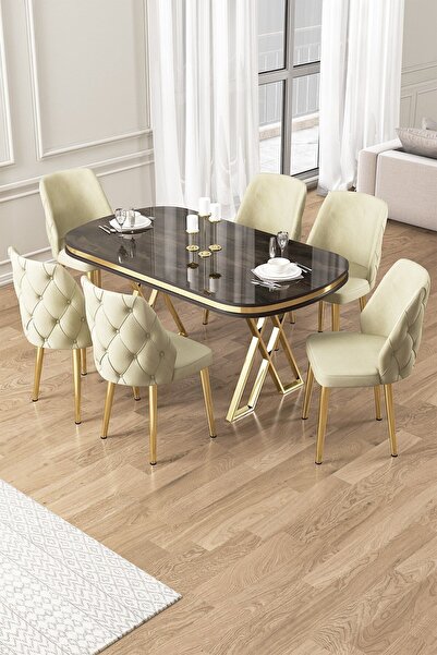 Canisa Afe Serisi 90x168 Lak Panel Antrasit Ironi Gold Ayak Masa Takımı 6 Kre...