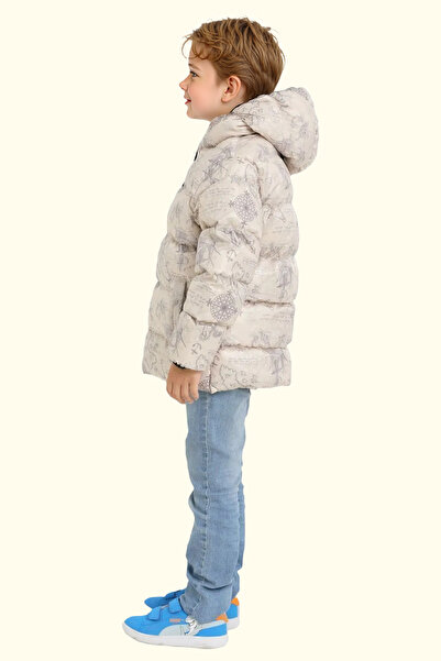 Firststops Boy's Beige Compass Pattern Fleece Water and Windproof Hooded Puffer Winter Coat with Pockets