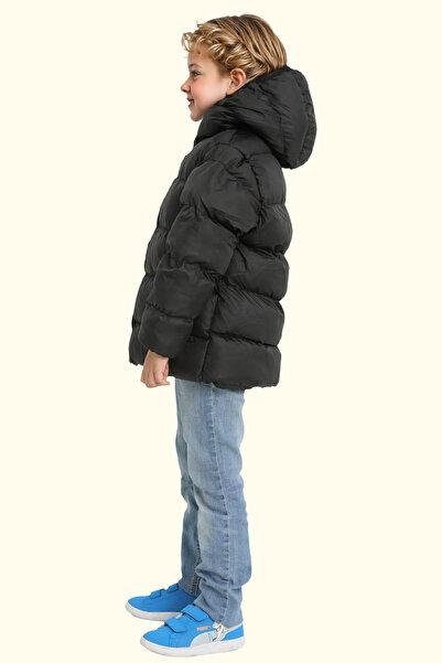 Firststops Erkek Çocuk Siyah İçi Polarlı Kapüşonlu Su Geçirmez Rüzgara Dayanıklı Cepli Şişme Kışlık Mont