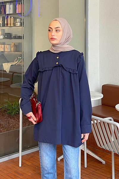 lamelif Judge Collar Front Pleated Tunic Navy Blue