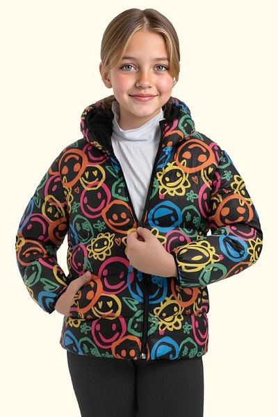Firststops Girl's Smiling Emoji Fleece Inside Furry Water and Windproof Hooded Pocket Winter Puffer Jacket