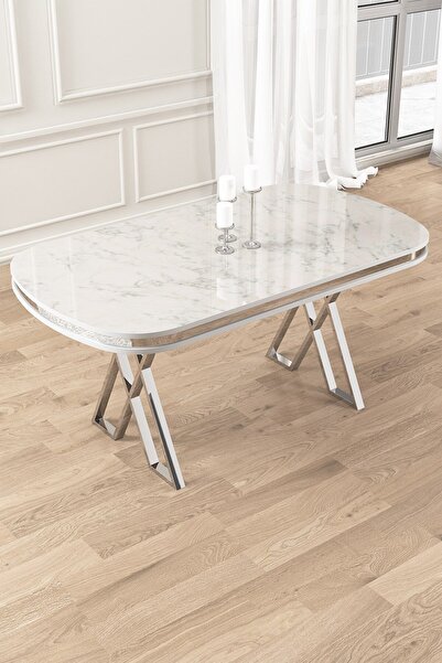 Canisa Afe Serisi 90x168 Lak Panel Beyaz Mermer Desen Krom Ayak Masa Takımı 6 Gri Sandalye