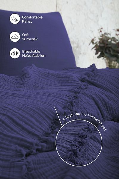 Evlen Home Collection 100% памучно муселинено покривало за легло, единично, 4-слойно одеяло, комплект от 2 муселинени одеяла, тъмносиньо