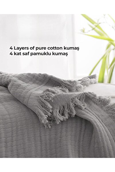Evlen Home Collection %100 Pamuk Müslin Yatak Örtüsü Seti Tek Kişilik 4 Kat Yumuşak Müslin Pike Takımı Battaniye Gri