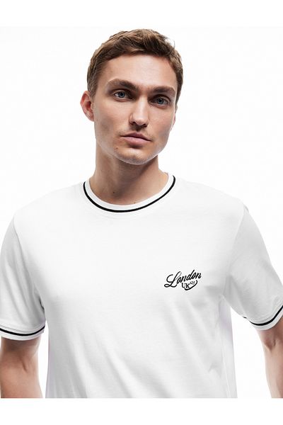 Koton Cotton Short Sleeve Bias Embroidered Regular Fit Crew Neck T-Shirt