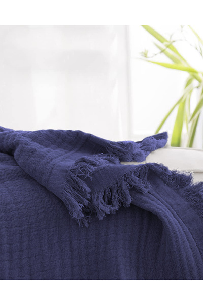 Evlen Home Collection %100 Pamuk Müslin Yatak Örtüsü Tek Kişilik 4 Katlı Battaniye 2 Parça Müslin Pike Seti Lacivert