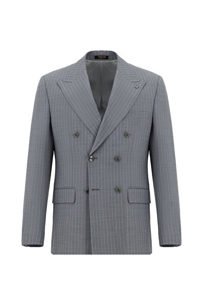 Kiğılı Slim Fit Dar Kesim Yünlü Çizgili Kruvaze Takım Elbise