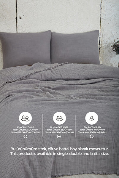 Evlen Home Collection 100% Cotton Double Muslin Bedspread 4 Layer Soft Blanket Muslin Pique Set 3 Pieces