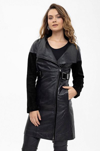 Deriderim Women's Genuine Leather Coat with Black Valencia Sleeves, Suede Buckle and Zippered Lining on the Waist