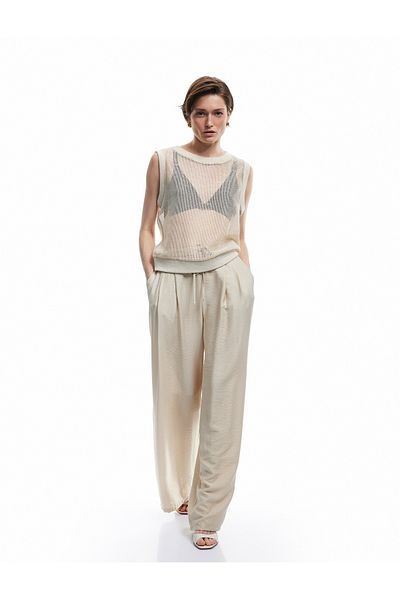 Koton Viscose Fabric Waist Lace up Pleat Detail Wide Leg Palazzo Pants with Pockets