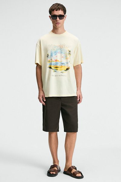 GRIMELANGE Delight men's 100% cotton oversize fit printed short sleeve round neck yellow t-shirt