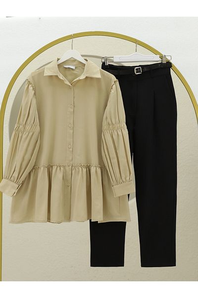 Modamorfo Sleeve Gathered Ruffle Detailed Shirt - Light Mink