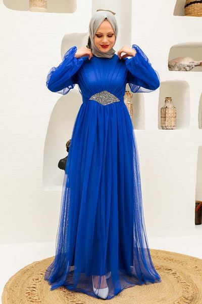 Neva Style Βραδινό φόρεμα Hijab Tulle Sax Blue 54230sx