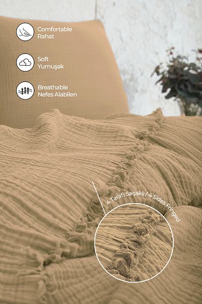 Evlen Home Collection 100% Cotton Muslin Bedspread Single 4 Layer Blanket 2 Piece Muslin Pique Set Beige