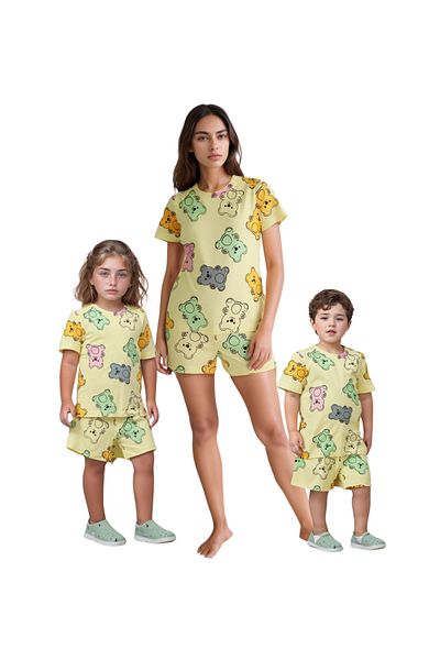 Drop Kids Mother Baby Pajama Set Combination Yellow Haribo Pattern Shorts (Sold Individually)
