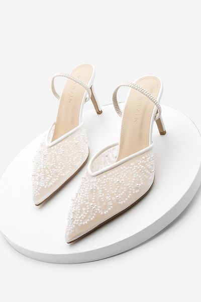 Marjin Women's Stiletto Pointed Toe Open Back Elastic Embroidered Mesh Beaded Heeled Shoes Sendi White