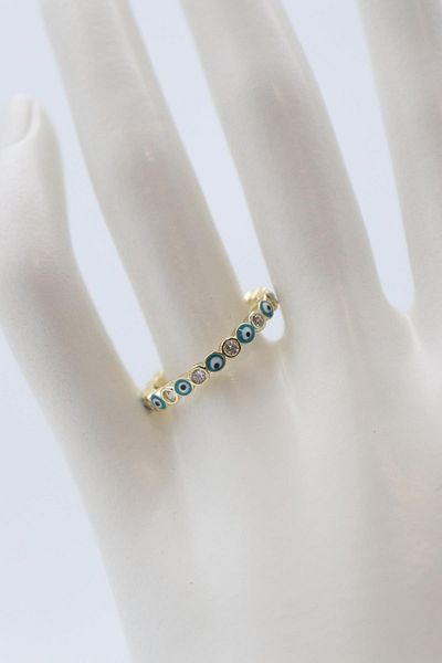 shesra Stainless Steel Ring with Zircon Stone and Evil Eye Beads