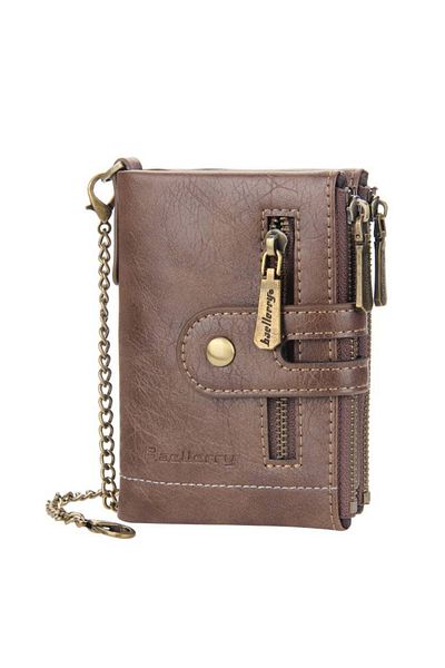 Generic Classic Bifold Wallet with Double Zip and Chain - Dark Brown