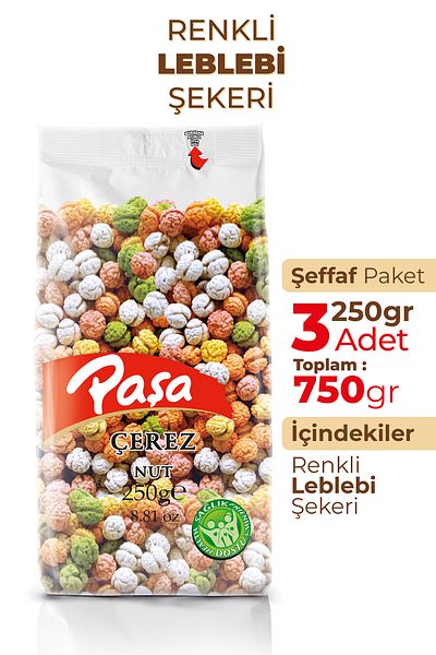 Paşa Kuruyemiş حلوى الحمص الملونة 250 جرام × 3 قطع (750 جرام)
