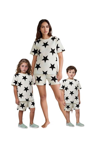 Drop Kids Mother Child Combination Pajama Set Black Star Pattern Shorts (Sold Individually)