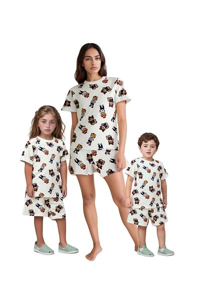 Drop Kids Mother Child Combination Pajama Set Bear Pattern Shorts with Hat (Sold Individually)