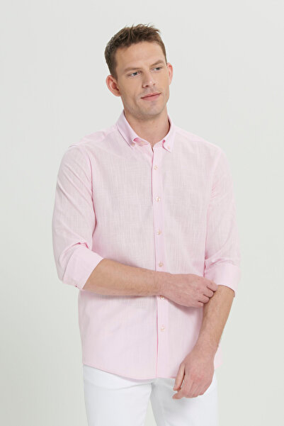AC&Co / Altınyıldız Classics Férfi rózsaszín vászon megjelenésű 100% pamut, légáteresztő szövet, karcsúsított gombos galléros kiszélesedő ing