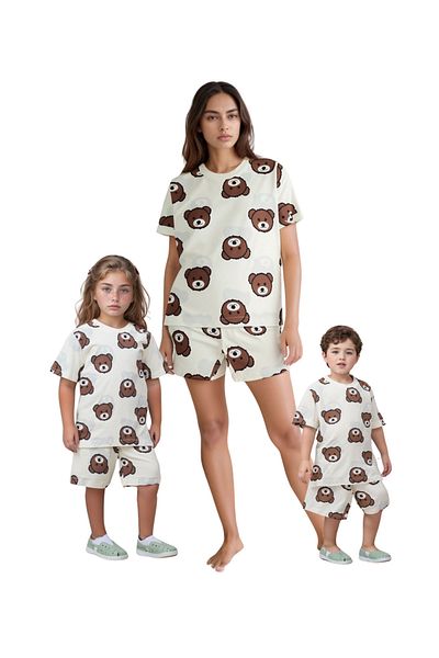 Drop Kids Mother Baby Pajama Set Combination Brown Teddy Bear Pattern Shorts (Sold Individually)