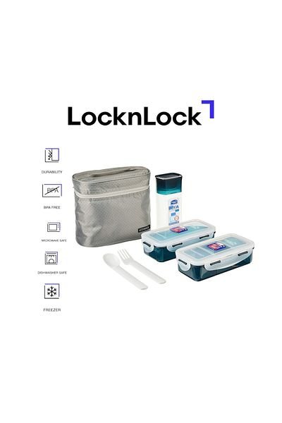 locknlock 3PC Insulated Lunch Bag Set - Grey, Airtight and BPA-Free Containers with Water Bottle
