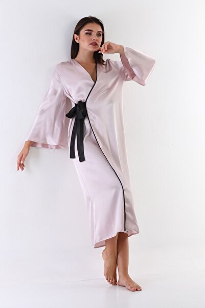 Laperissa ثوب نوم نسائي منسوج من الساتان البودرة مع حزام أسود ملابس منزلية أن...