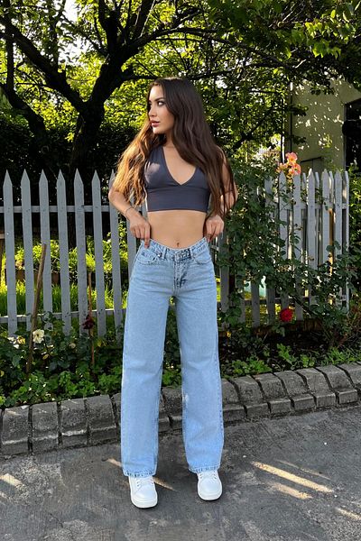 BİKELİFE Hellblaue Schneewaschjeans mit hoher Taille und weitem Bein