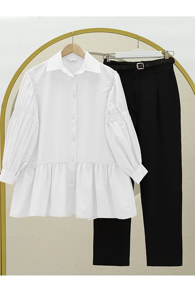 Modamorfo Sleeve Gathered Ruffle Detailed Shirt -White