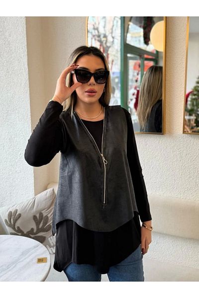 hepimiz alalım Asymmetrical Cutout Viscose Blouse and Zippered Leather Vest - Long Sleeve Set