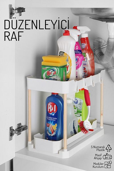 Nandy Home Λειτουργικός οργανωτής δύο επιπέδων με ξύλινα πόδια – Ντουλάπι, κάτω από το νεροχύτη, πάνω από τον πάγκο ΛΕΥΚΟ