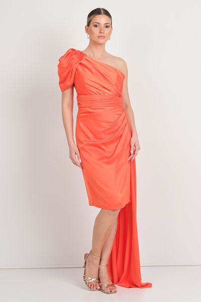 Saygın Women's One Shoulder Detailed Side Tail Evening Dress 3474 Peach