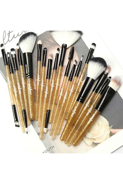 zenifique Set of 18 Makeup Brushes, Zenifique, Synthetic Hair, With Case, Glitter Handle, Gold