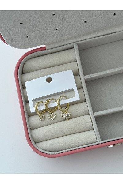 ADALYA ÇELİK GOLD KALP DETAY ÜÇLÜ KÜPE