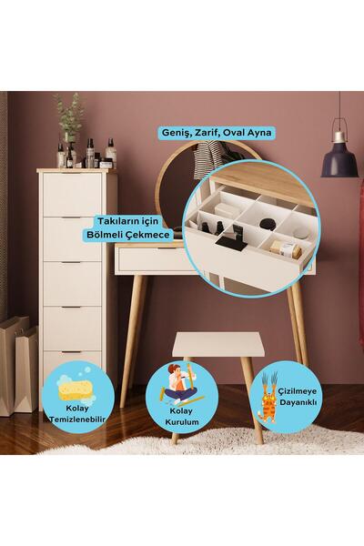 Bimossa Lucy Makyaj Masası Takımı U1060 – Sepet Kumtaşı | Tabureli, Aynalı, Çok Amaçlı