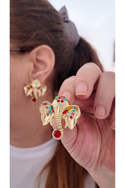 By Selen Suyolcu Colorful Zircon Stone Elephant Model Earrings