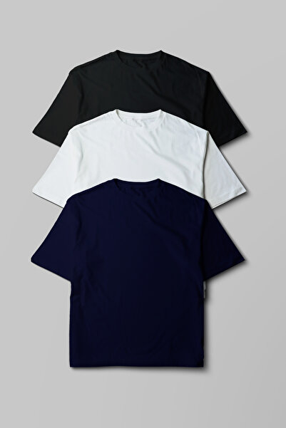 Pratik Tekstil Unisex Oversize 3 Pack Μαύρο - Λευκό - Ναυτικό μπλουζάκι 100% ...