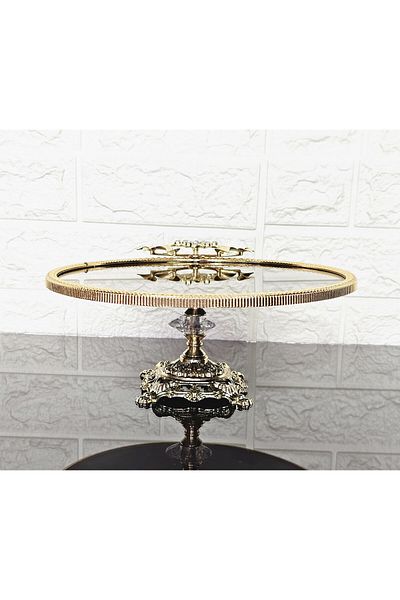 atabey home Large Bronze Mirror Round Serving Plate 25cm - Presentation Cast Gold Frame and Cast Leg