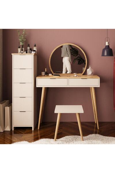 Bimossa Lucy Makyaj Masası Takımı U1060 – Sepet Kumtaşı | Tabureli, Aynalı, Çok Amaçlı