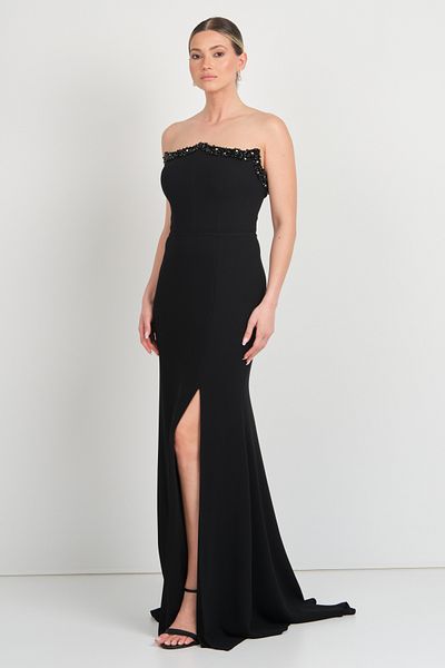 Saygın Women's Strapless Stone Decorated Fish Form Evening Dress 5649 Black