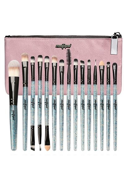 zenifique Set of 15 Makeup Brushes, Zenifique, Synthetic Hair, With Case, Glitter Handle, Blue