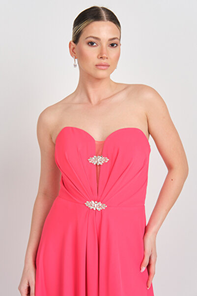 Saygın Women's Strapless Stone Detailed Slit Long Evening Dress 5656 Coral