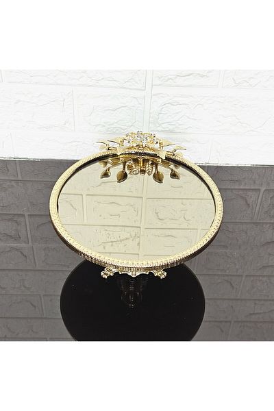 atabey home Small Bronze Mirror Round Serving Plate 20cm - Presentation Cast Gold Frame and Cast Foot